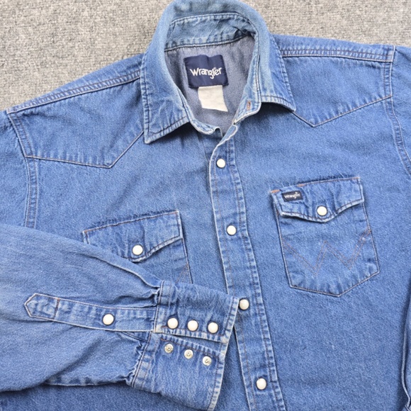 Vintage Wrangler Mens Large Distressed Denim Pearl Snap Western Shirt - Picture 2 of 7